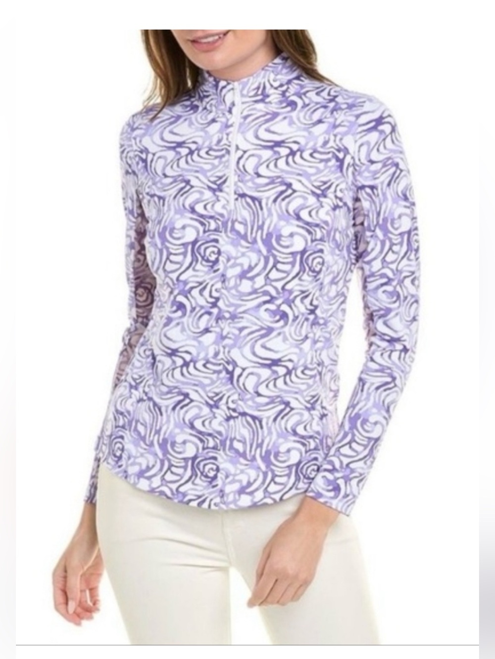 IBKUL Size Large White And Purple Printed Long-Sleeve Zip Mock Neck Top